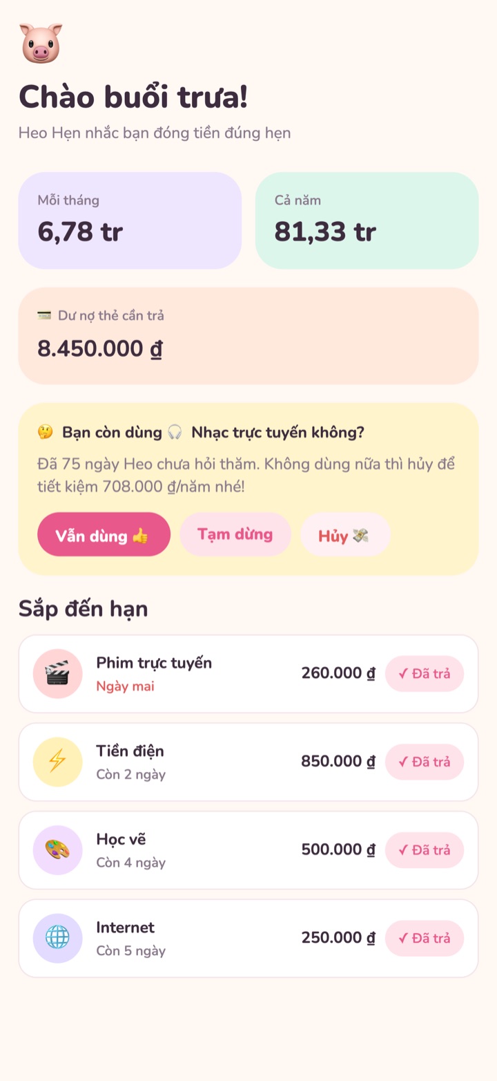 Màn hình Tổng quan của Heo Hẹn: chi phí mỗi tháng, dư nợ thẻ và các khoản sắp đến hạn